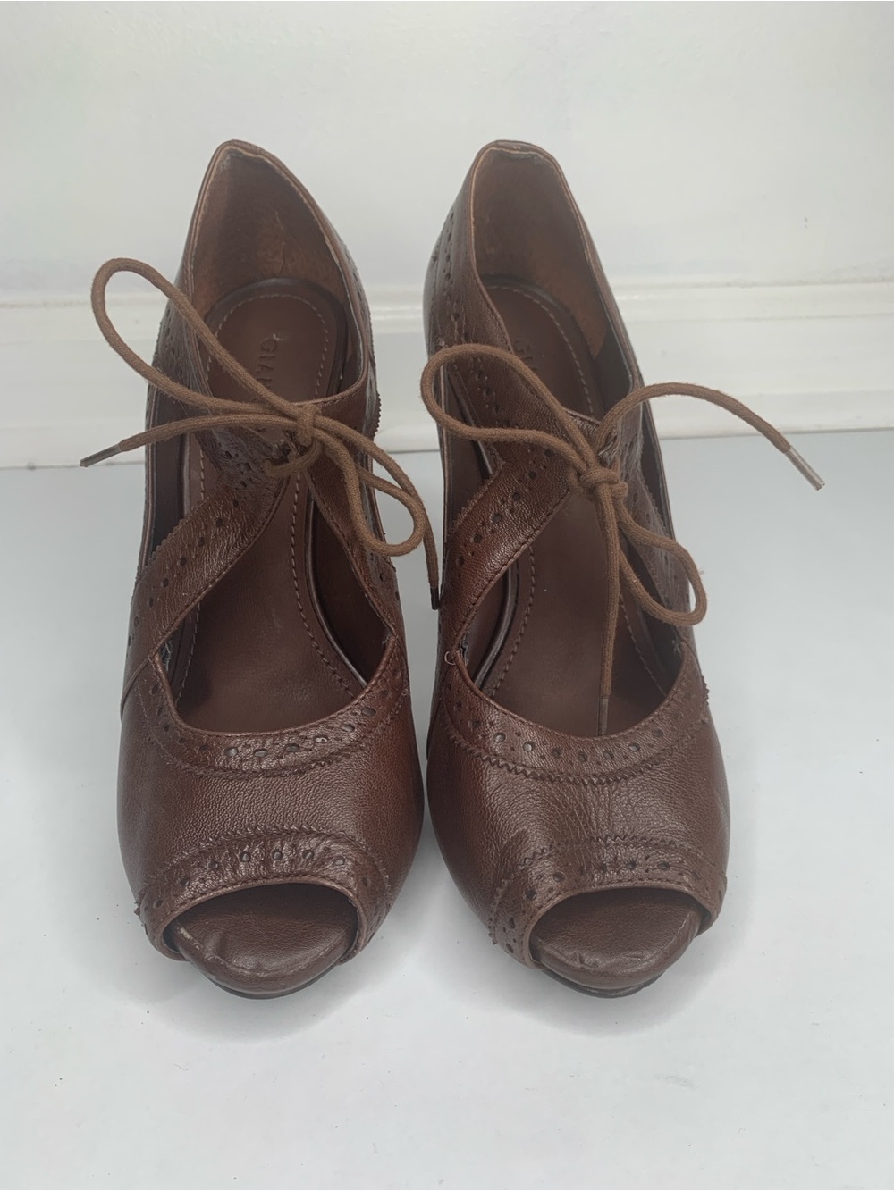 Gianni Bini Women's Brown Leather Peep-Toe Lace-Up Heels